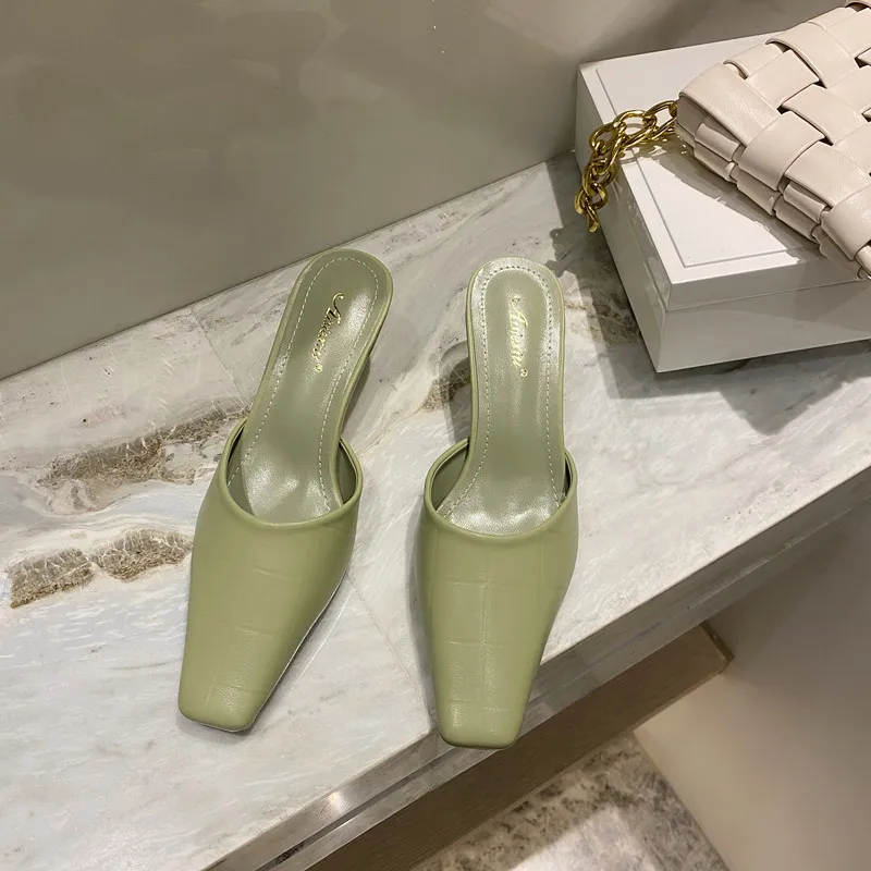 

Loafers Female Shoes Slippers Casual Square Toe Summer Clogs Woman Heeled Mules Low Slides 2021 Luxury Soft Beach High Rubber Ro