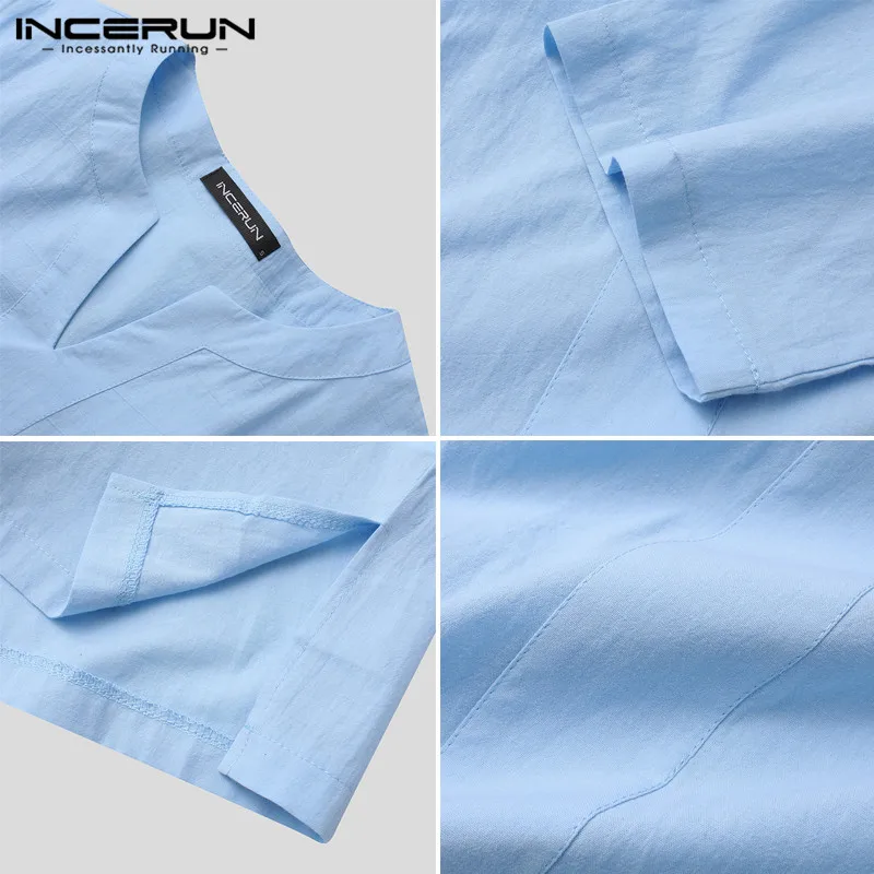 

2021 Cotton Men Solid Color Shirt Vintage 3/4 Sleeve Breathable Casual Tops V Neck Leisure Men Shirts Streetwear Chemise INCERUN