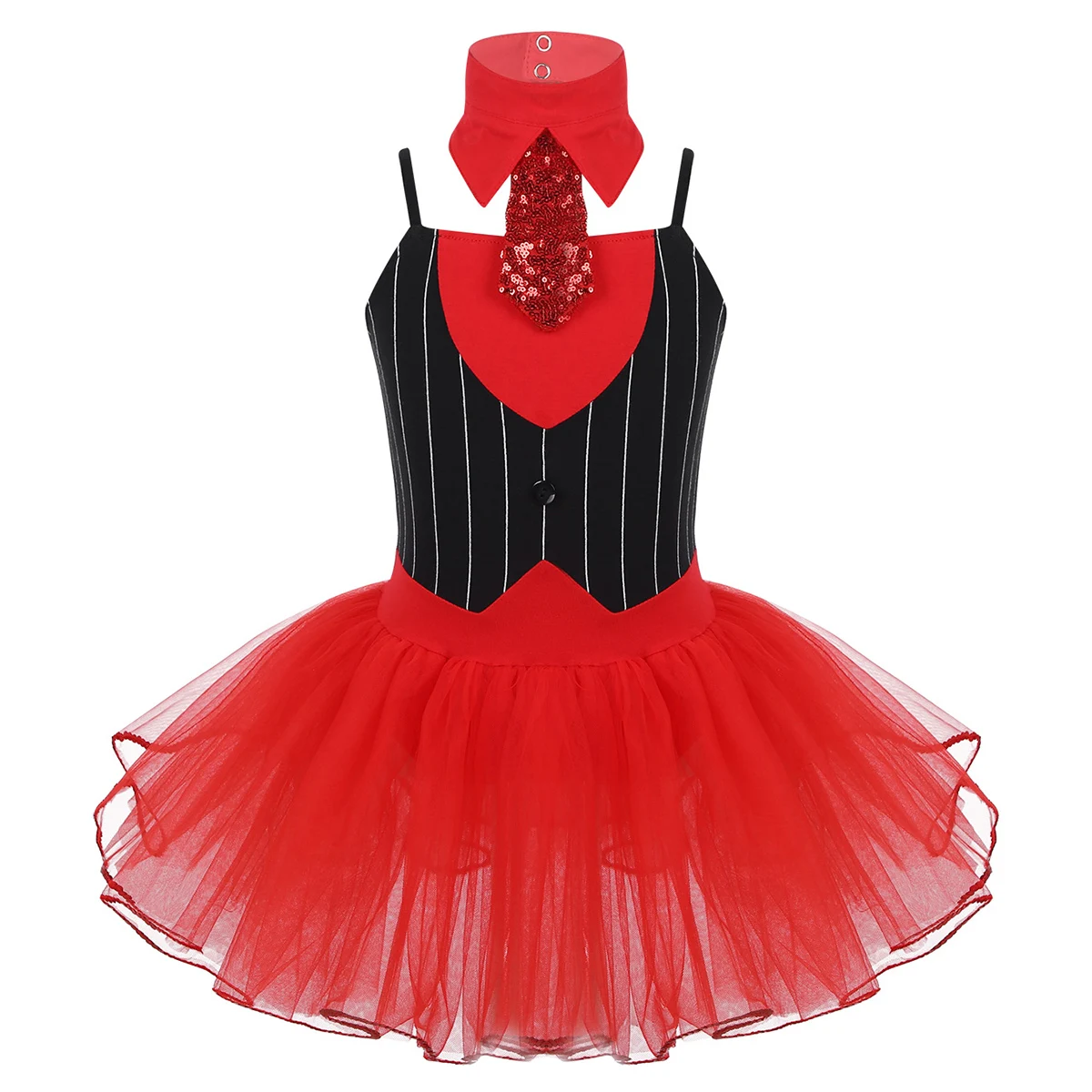 Black Red Костюм для джазовых танцев для девочек; Рождественская одежда на бретельках; полосатый лиф; балетное танцевальное гимнастическое трико; платье с пачкой из сетки - Color: Black Red