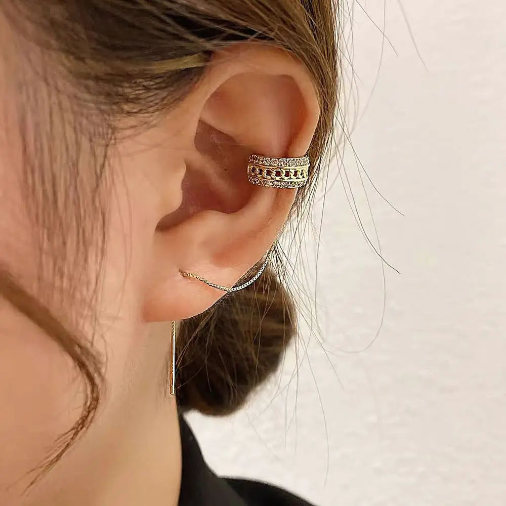 

1Pcs Zircon Rhinestone C Shape Clip Earrings Metal Chain Tassel Ear Bone Clip Simple Temperament Ear Line Jewelry Accessories