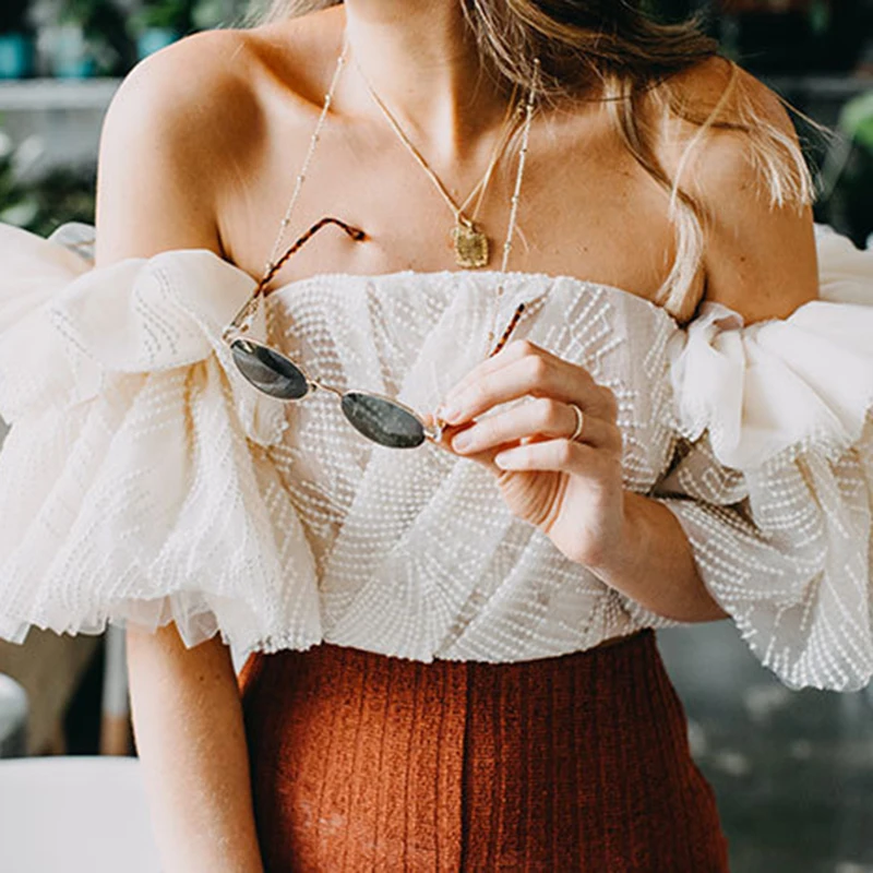 

SISPELL Off shoulder Mesh Ruffle Womens Blouse Shirt Strapless Patchwork Embroidered Halter Crop Top For Female Sexy Shirt 2020