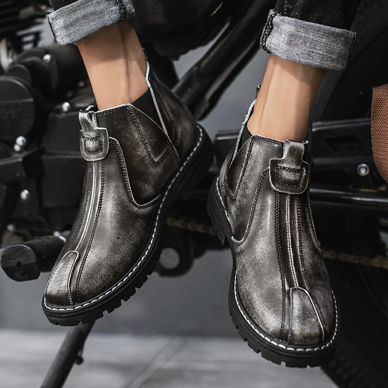 Ботинки Челси мужские из мягкой кожи черные/коричневые/серые на меху для весны и