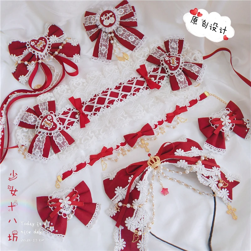 

Gorgeous Lolita Princess Pearl Chain Red Headwear Cute Lace Trim Bow Hairpin KC Headband Side Clip Soft Girl Necklace Headdress