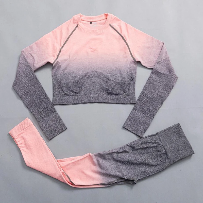 

Women Seamless Yoga Set Gym High Waist Ombre Leggings Shirts Tops Suit Long Sleeve Fitness Workout Sport Running Sportswear Set