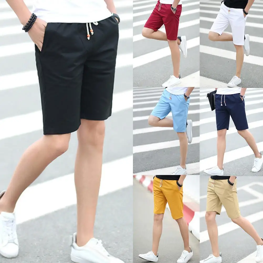 

Casual Men Plus Size Summer Shorts Solid Color Linen Drawstring Fifth Pants