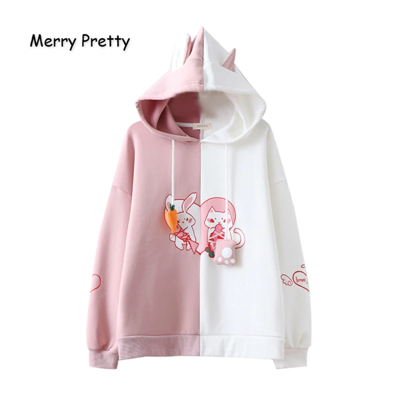 

Women's Cartoon Print Patchwork Hoodies Sweatshirts With Ears On Hood 2020 Winter Plus Velvet Hooded Pullover