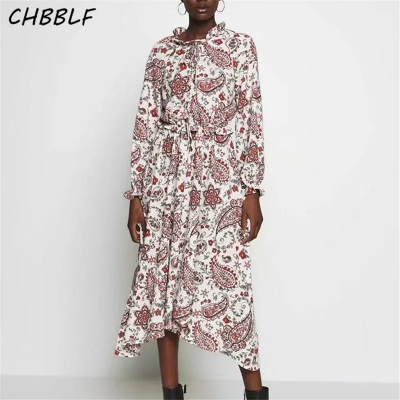 Женское плиссированное платье миди CHBBLF Повседневное с длинным рукавом и принтом