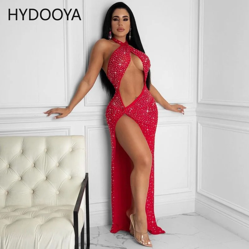 

Sexy Rhinestone Party Night Club Birthday Dress for Women Autumn 2021 New Red Black White Backless High Split Long Maxi Dresses