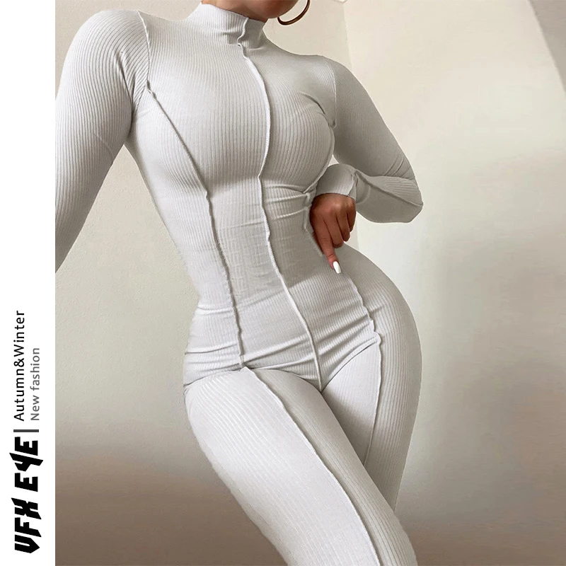 

Женский комбинезон с длинным рукавом, однотонный повседневный комбинезон с высоким воротником, облегающие леггинсы на новый год, осень-вес...