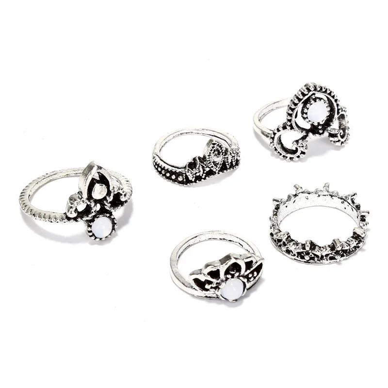 

5pcs/set Trendy Boho Knuckle Ring Set For Women Carved Hollow Inlaid Crystal Geometric Finger Rings Fashion Jewelry Wedding Gift