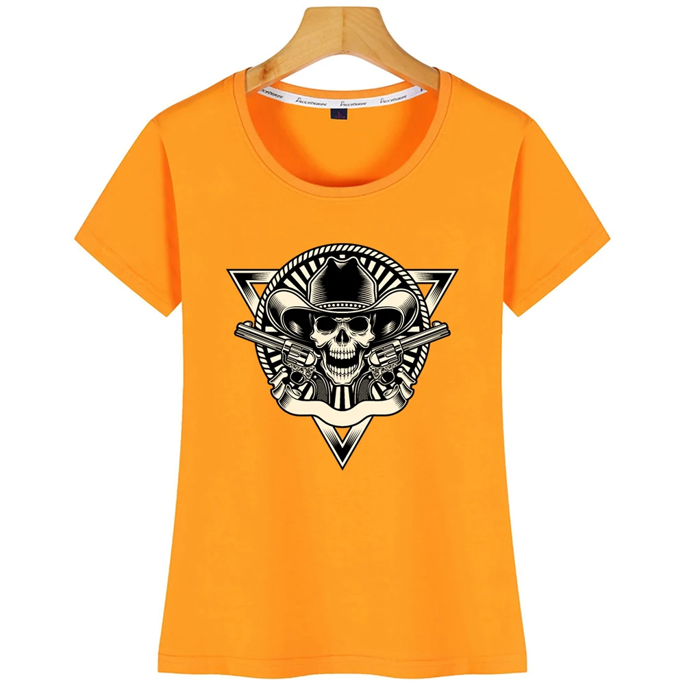 Топы Футболка Для женщин череп ковбоя с револьверы журнал Пикантная белая