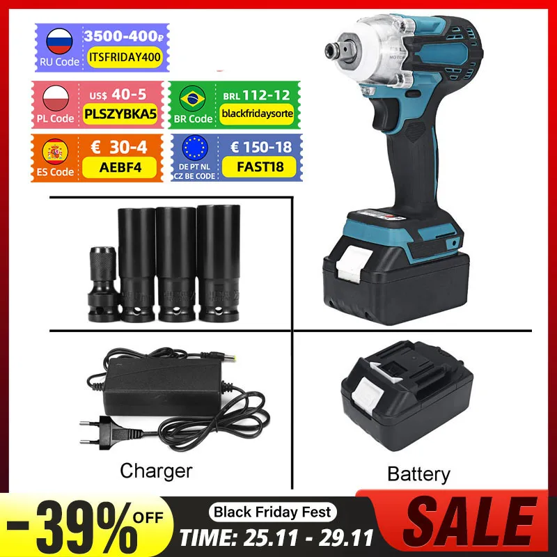 New 800N.m. 388vf Brushless Cordless Electric Impact Wrench 1/2 inch Power Tools 15000mAh Li Battery Compatible 18V | Инструменты