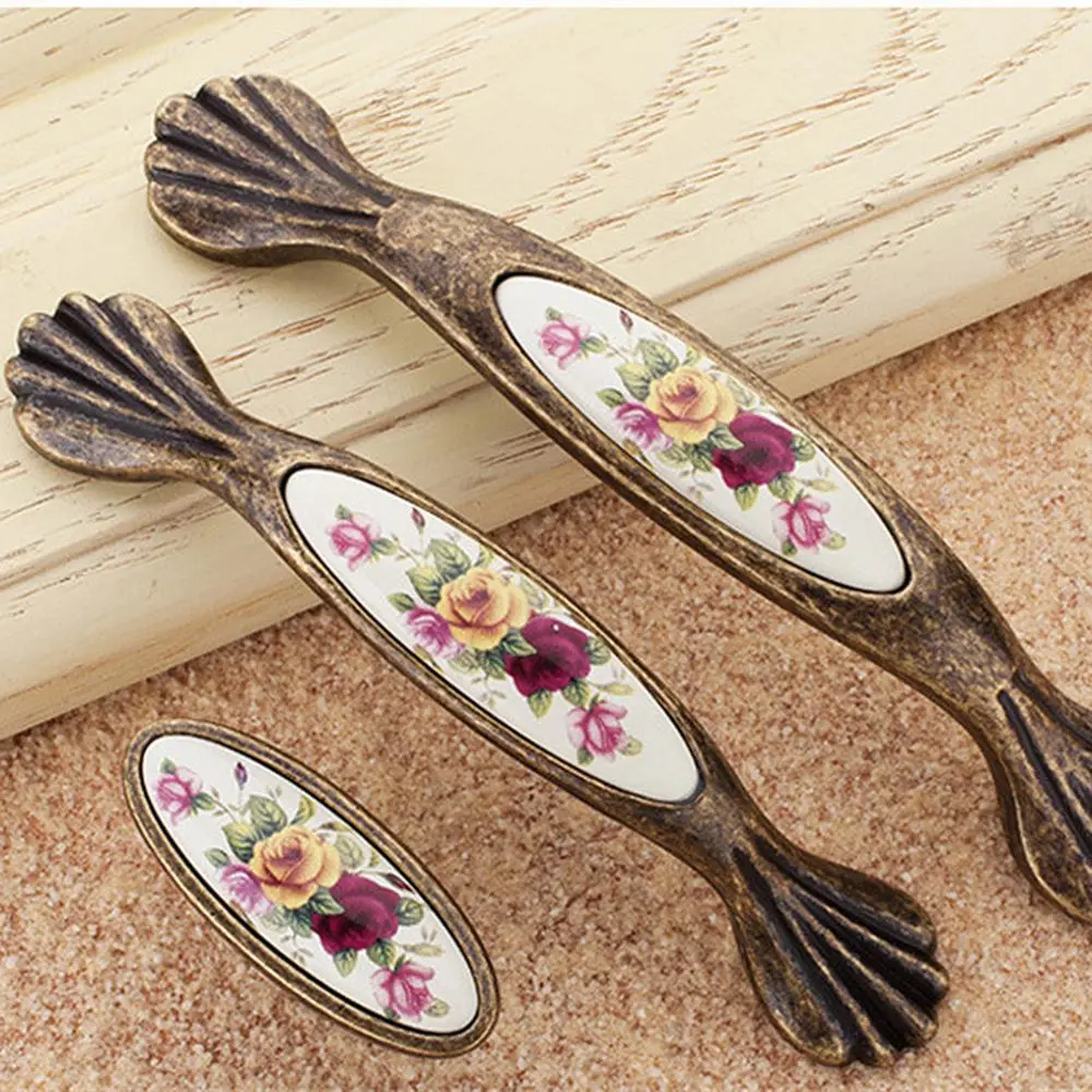 Винтажный керамический дверные ручки Сельский цветок белый бронза мебельная