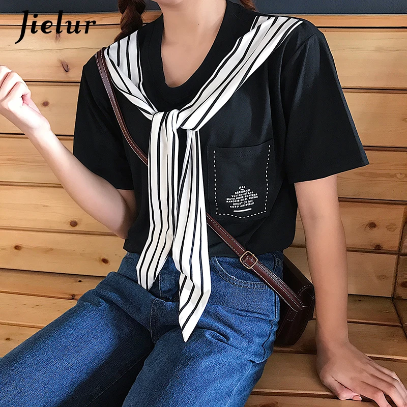 Jielur T-shirts for Women College Student Young Chic Pocket Striped Sailor Collar Top Summer White Letter Kawaii Tee Shirt Femme | Женская
