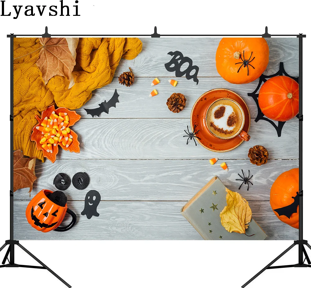 

Lyavshi Хэллоуин Праздник фон с кофейной чашкой тыквы и осенние листья на деревянный стол фотостудия фон