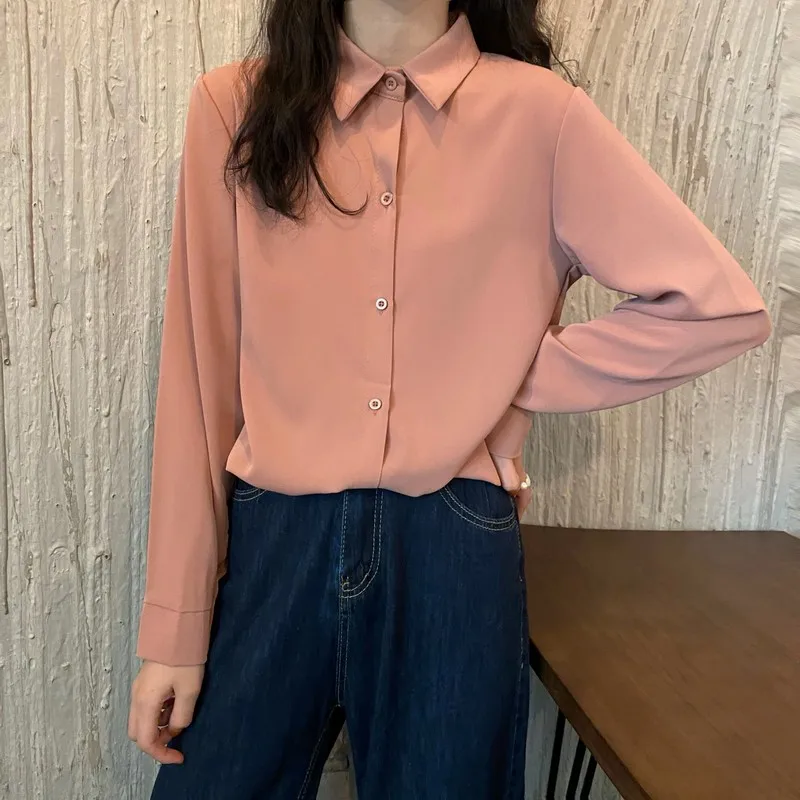 

Vintage blue Long Sleeve Chiffon Shirts Tops Ladies Elegant Korean Office Shirt Fashion Button Shirt Blouse Women