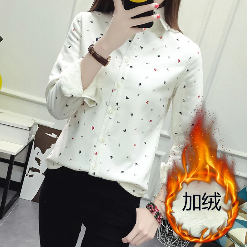 2019 Корейские осенние весенние плотные теплые женские топы и блузки с принтом