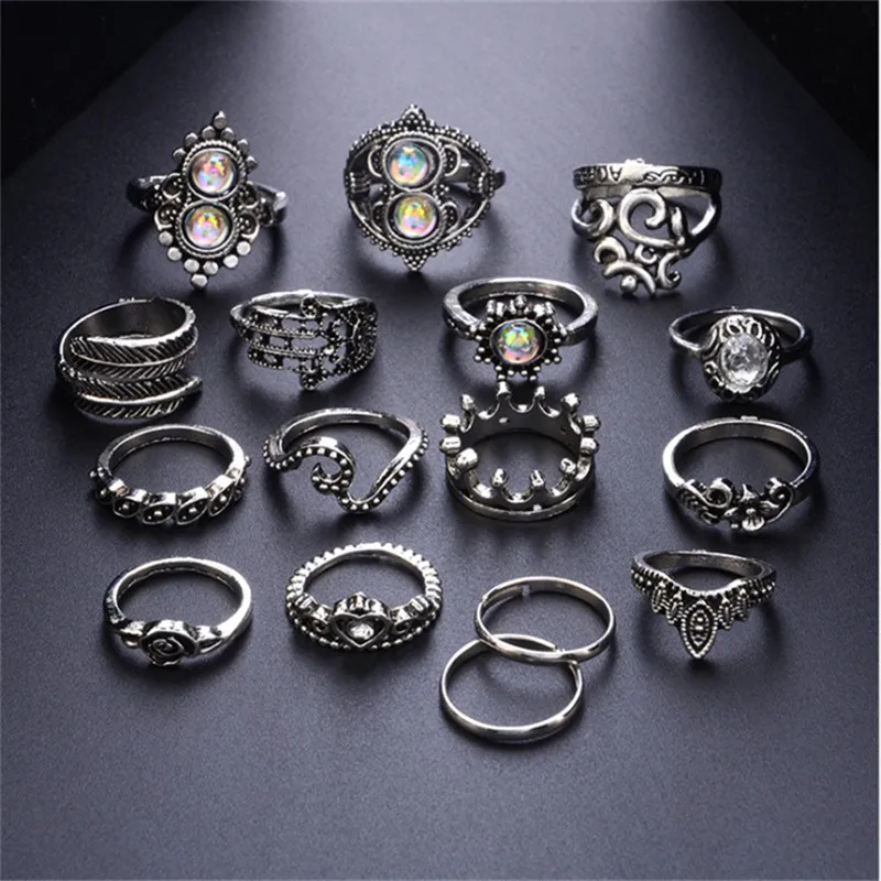 Винтажное кольцо в стиле бохо 16 шт./компл. Серебряная корона перо цветок Фатима