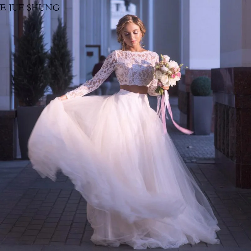 E JUE SHUNG Белое кружево из двух частей Boho свадебный наряд с длинными рукавами
