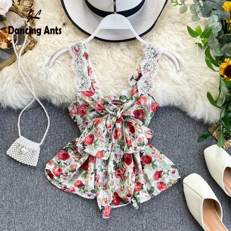 Женский кружевной жилет с открытой спиной сексуальный топ на шнуровке цветочным