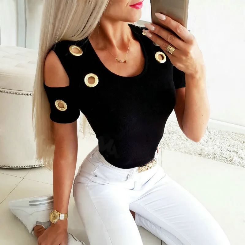 

Black Blue Sexy Tops and Shirt 2020 Fashion Off Shoulder Solid Color Hollow Out Short Sleeve Women Blouse Summer White Shirt