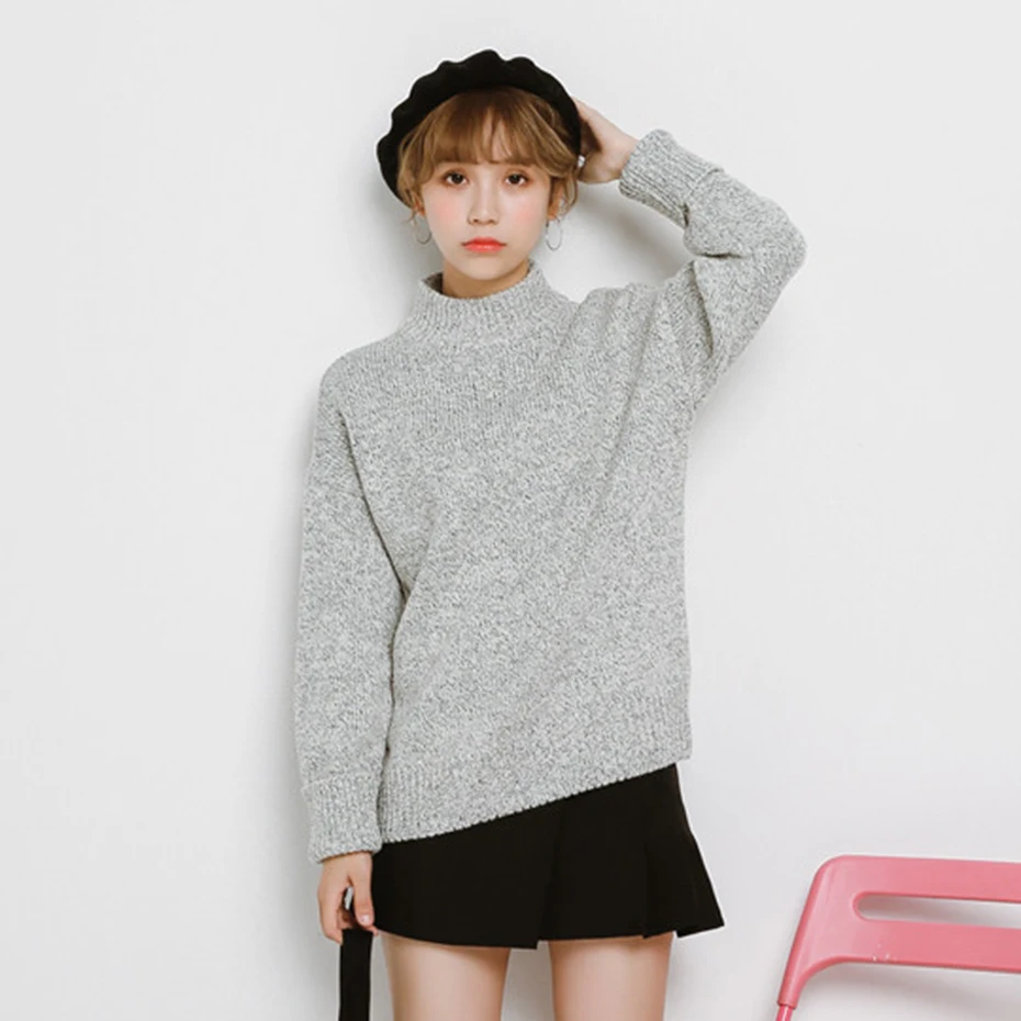 Minimalist Women Turtleneck Winter Sweater Fashion High-neck Loose Long Sleeve Pullovers Female Gray Solid Knitwear Pull | Женская