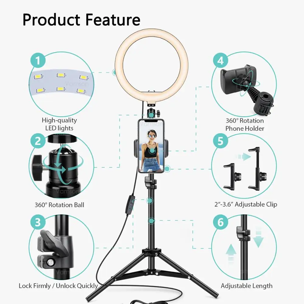 

Vamson 10" Selfie Ring Light Tripod Stand Light Live Stream/Makeup Video Photography Makeup Live Streaming Light VLS07E