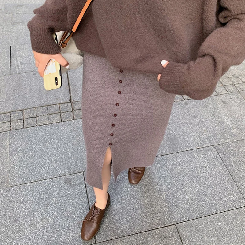2019 Осень Зима Толстая Женская трикотажная юбка однобортная бедра посылка