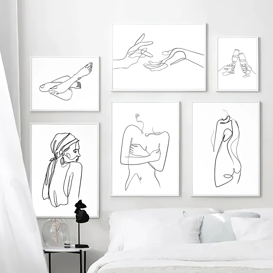 Черно-белые абстрактные линии цветок минималистичное настенное искусство холст