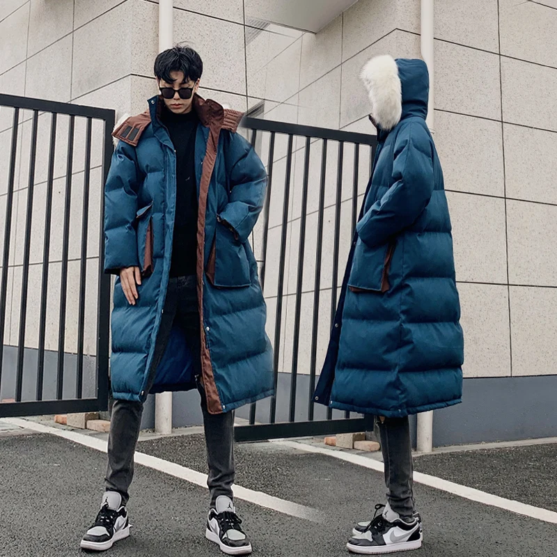 Contrast Color Large Fur Collar Cotton Coat Men's Winter Thick Coat Long Loose Cotton Coat Warm Hooded Cotton-Padded Jacket