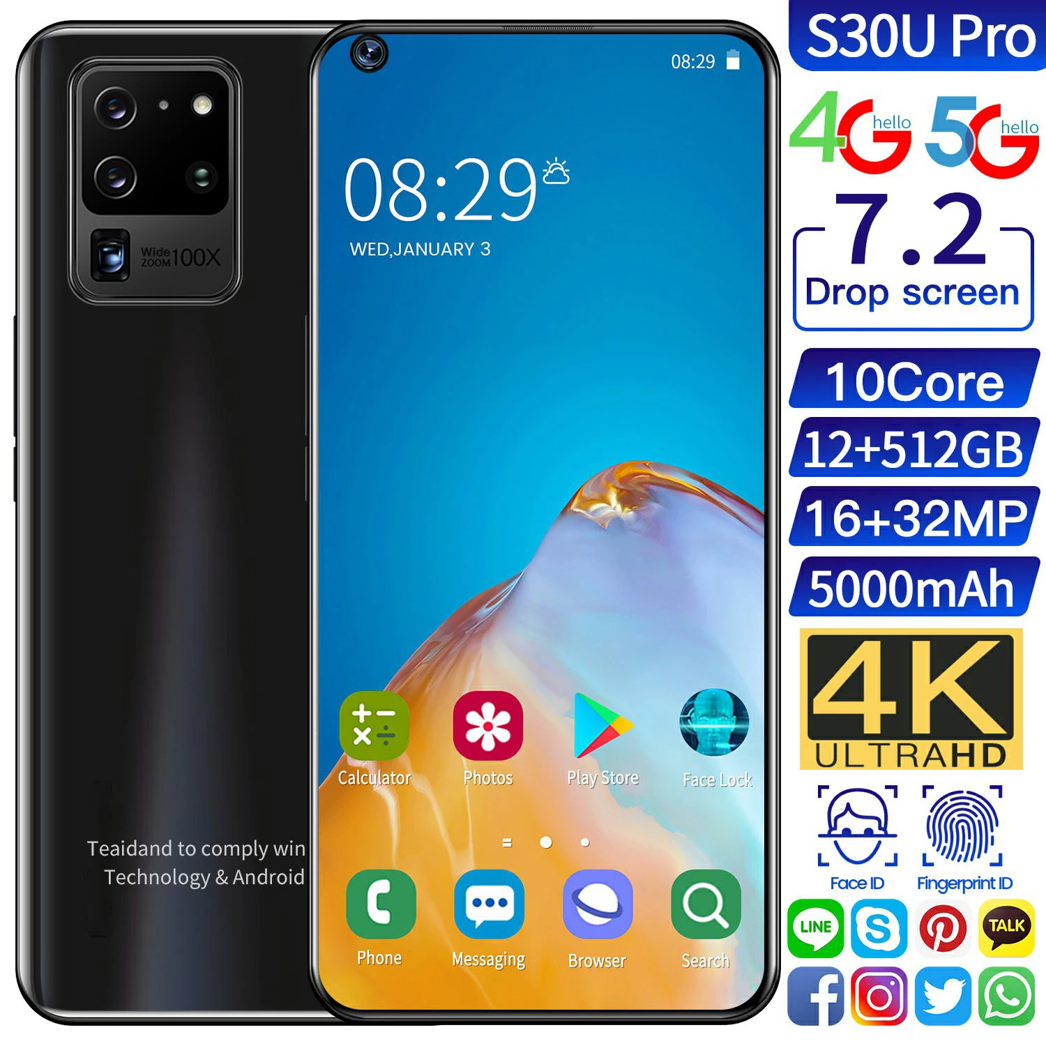 

Top Selling Smartphone S30U PRO 5G 7.2Inch 5000mAh Battery 4G/5G WIFI Dual SIM Mobile Phone Snapdragon888 12+512GB Cellphone