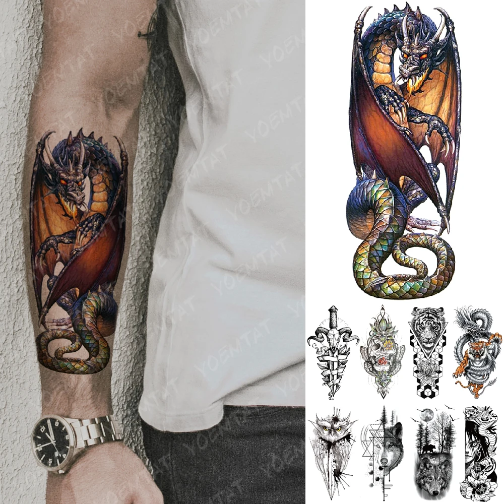 

Waterproof Temporary Tattoo Sticker Dragon Knight Spitfire Flash Tattoos Tiger Owl Wolf Body Art Arm Fake Tatoo Women Men