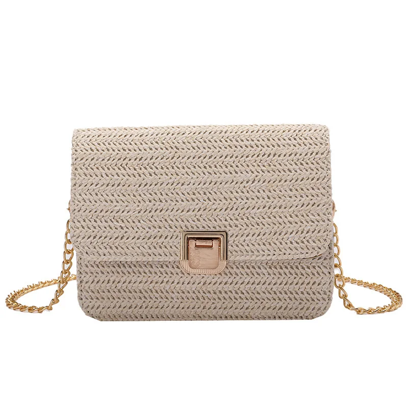 

Straw Bags For Women 2021 New Designed Metal Chains Female Summer Shoulder Bag Solid Color Women's Beach Straw Handbag