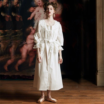 robe Ночная рубашка, хлопковый Халат, женская пижама с длинным рукавом, набор халатов, Женский Осенний халат, элегантный винтажный дизайн, высокое качество - Цвет: robe