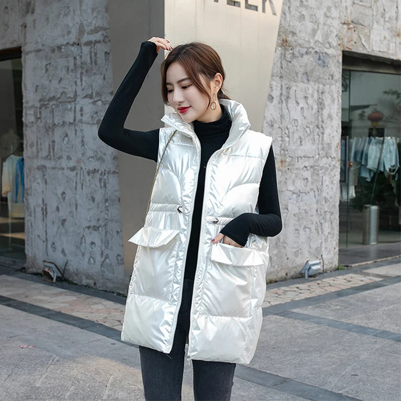 

Women's Winter Sleeveless Jacket Stand Collar Warm Ladies Winter Vests Solid Big Pockets Zipper Padded Waistcoat for Female