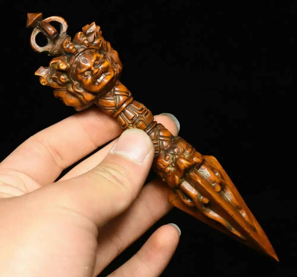 

Wedding Decoration 6" Old Tibet Boxwood Wood Carved Makakala Buddha Head Statue Phurba Dagger Holder