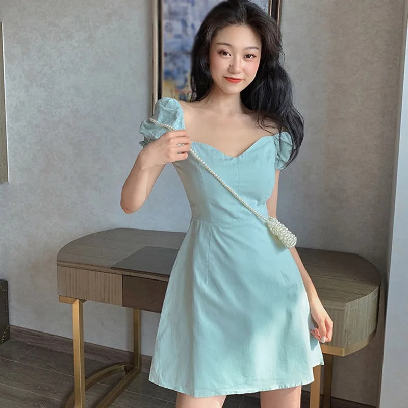 

Women Summer French Square Neckline Dress Solid Color Female Vestidos for Women Slim Elegant Bubble Sleeve A-line Vestidos