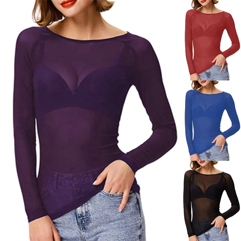 Новая женская однотонная Прозрачная Футболка с длинным рукавом бесшовный топ