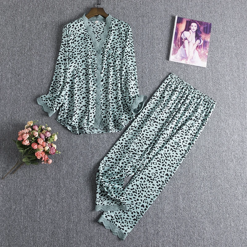 

Leopard Sleepwear Satin Pajamas Set Women Loungewear 2PCS Shirt&Pants Casual Nightwear PJS Lace Patchwork Pyjamas Suit Lingerie