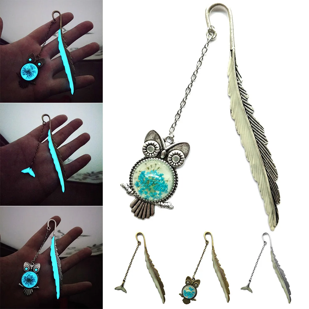 

New 2 Pcs Luminous Bookmark Retro Feather Shape Glow in Dark Owl Whale Tail Decor DOM668