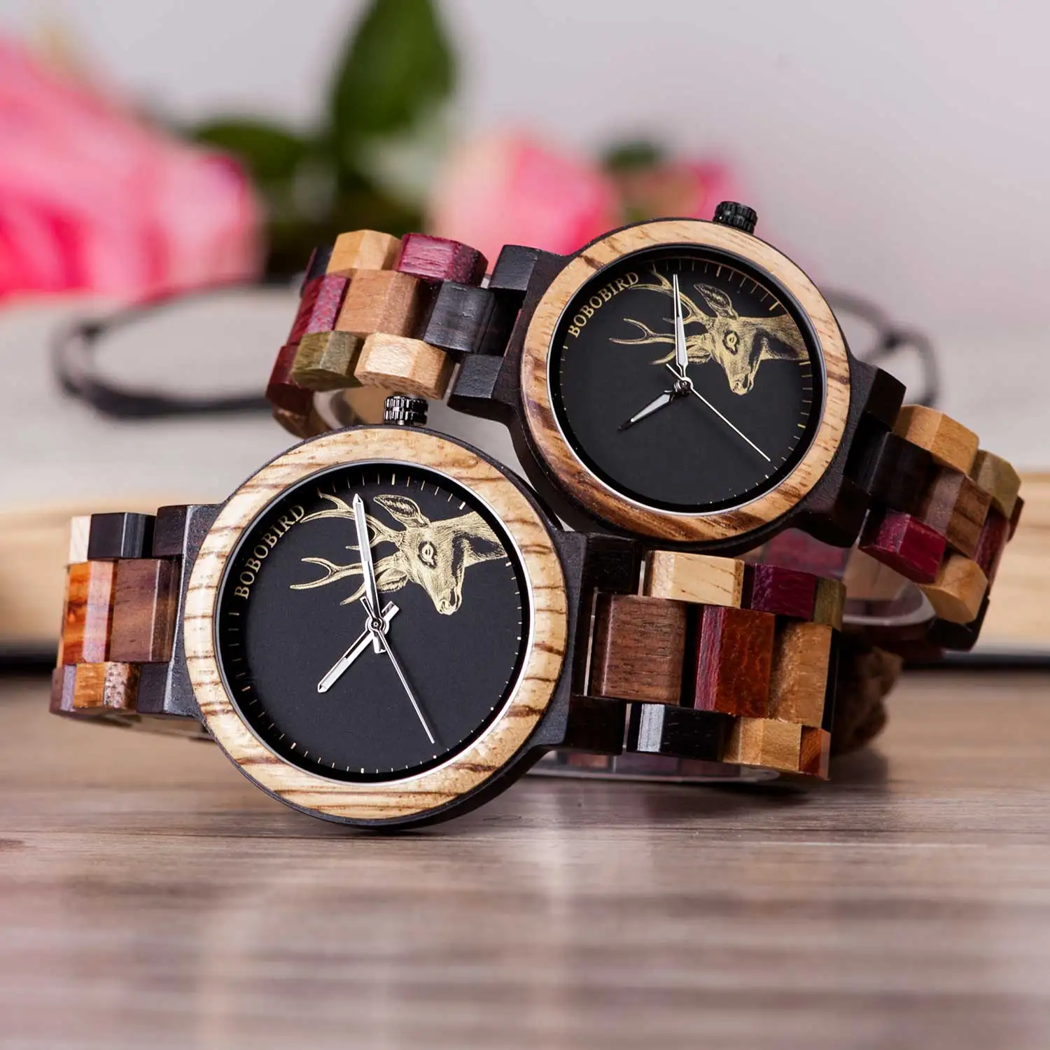 BOBO BIRD Wooden Men's Watches Women Lover's Wristwatch Ladies Elk Deer Quartz Couple Watch