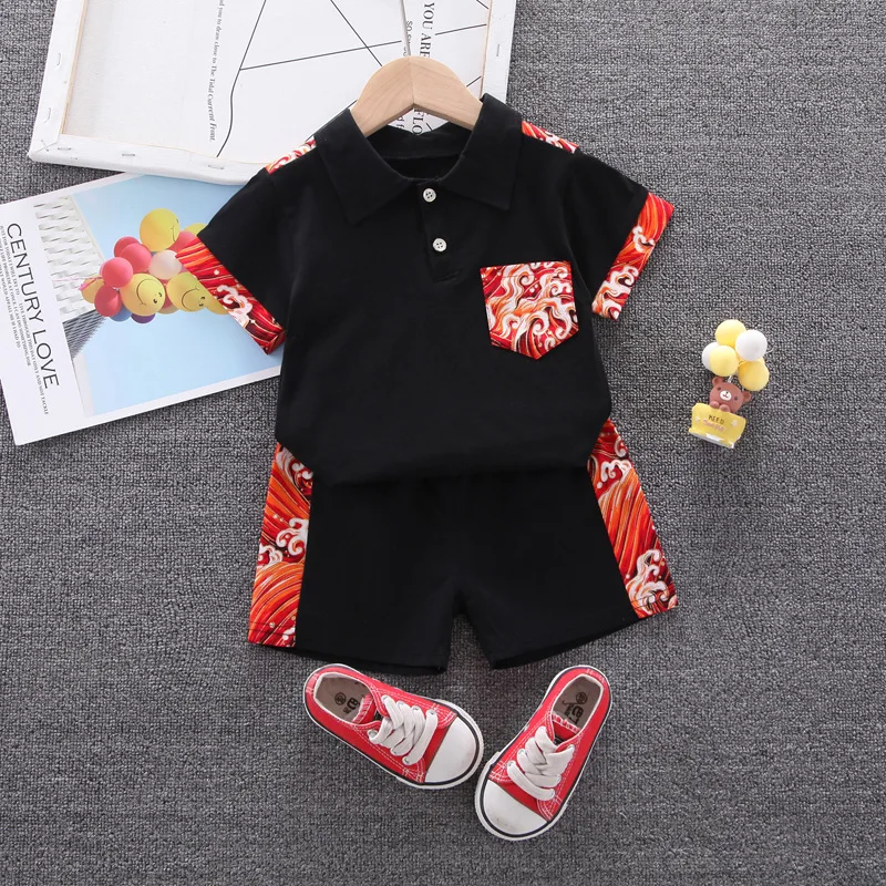 

summer clothing boys short-sleeved POLO shirt suit small and medium-sized children lapel t-shirt, handsome summer two-piece suit