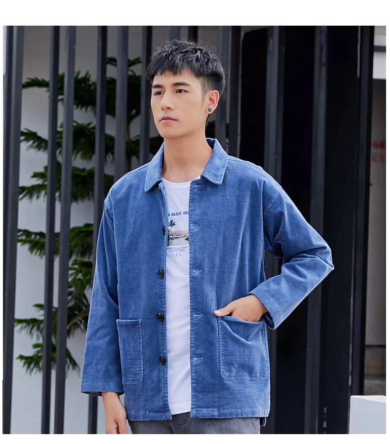 Schinteon Men Corduary Loose Jacket Autumn Mid-Length Outwear Casual Turn-down Collar Top Fashion High Quality New