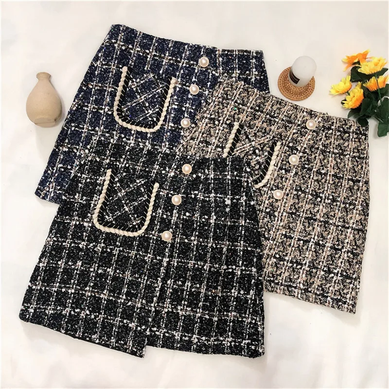 Женская твидовая клетчатая мини-юбка Элегантная короткая однобортная