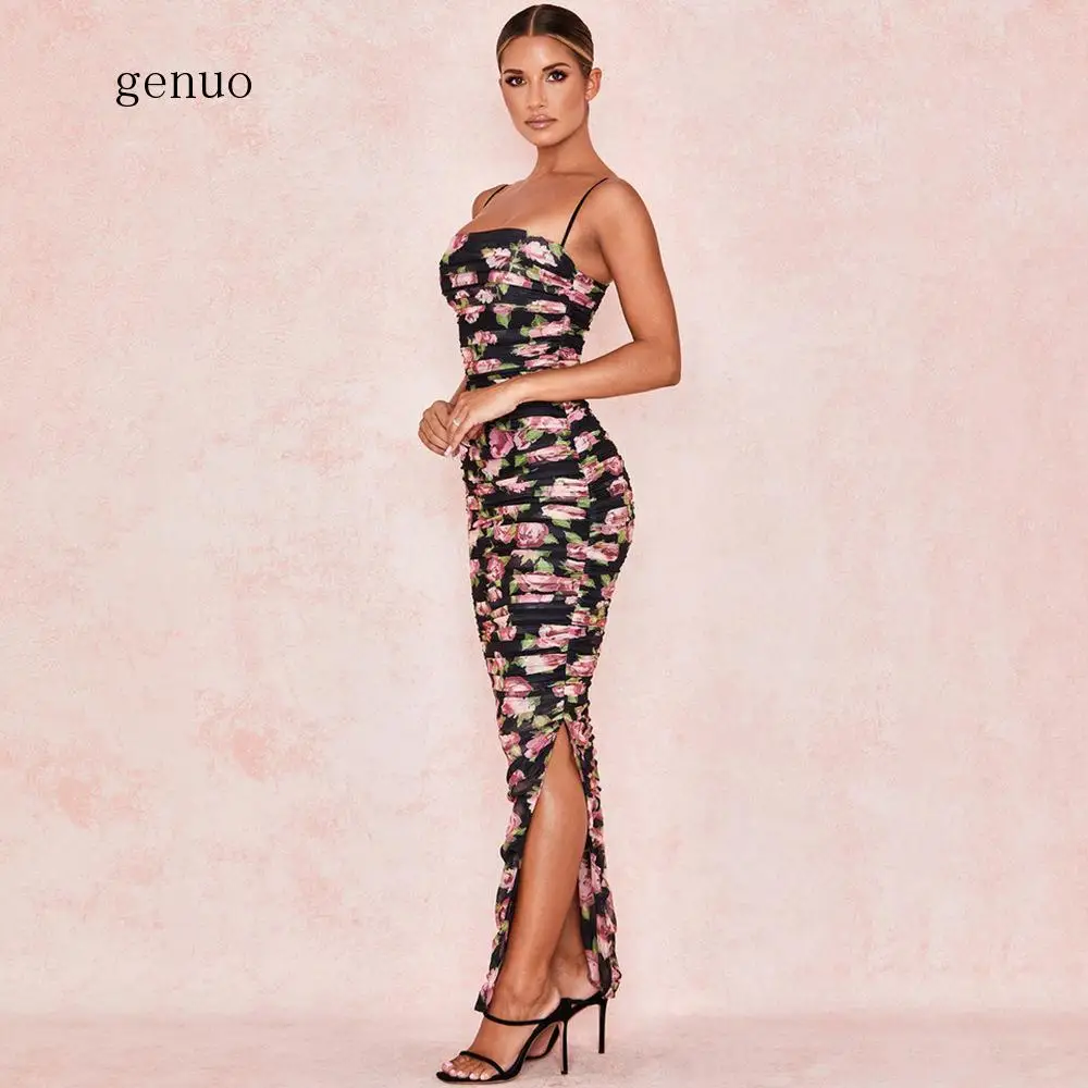 Vintage Floral Print Black Party Dress Off Shoulder Sexy Backless Ruched Split Maxi Women Bodycon Vestidos Robe Femme | Женская одежда