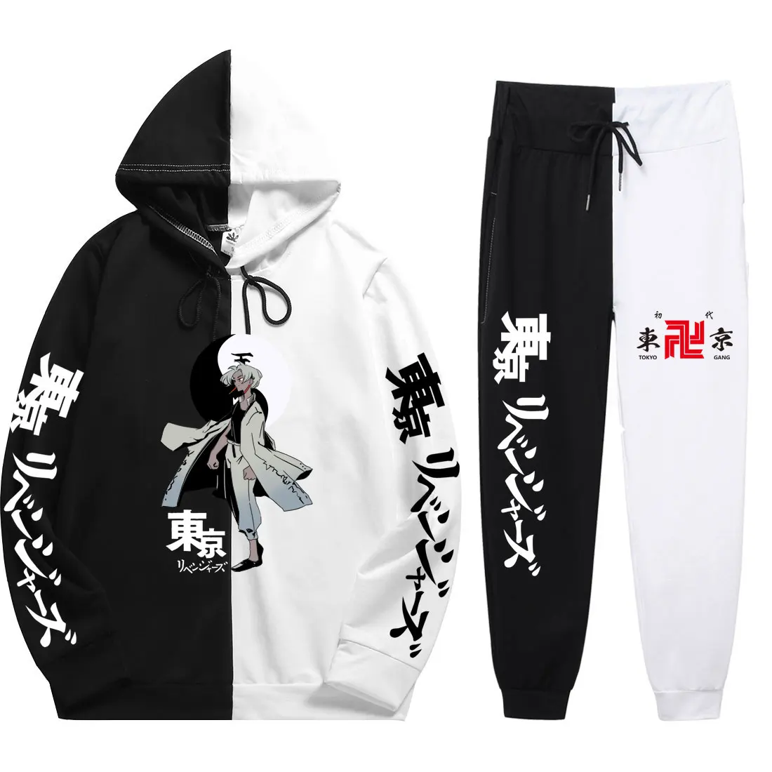 

Summer 2 Pieces Sets Anime Tokyo Revengers Print hoodies sets Loose Simplicity Patchwork Thin Hoodie+Patchwork Pants Plus Size