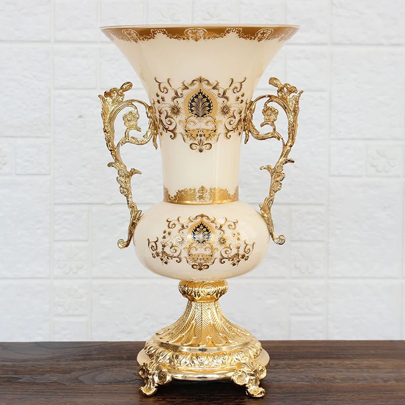 

Европейская ваза из сплава стекла, роскошная вилла, модель комнаты, мягкое украшение, американская ваза с двумя ушками и высокой ногой