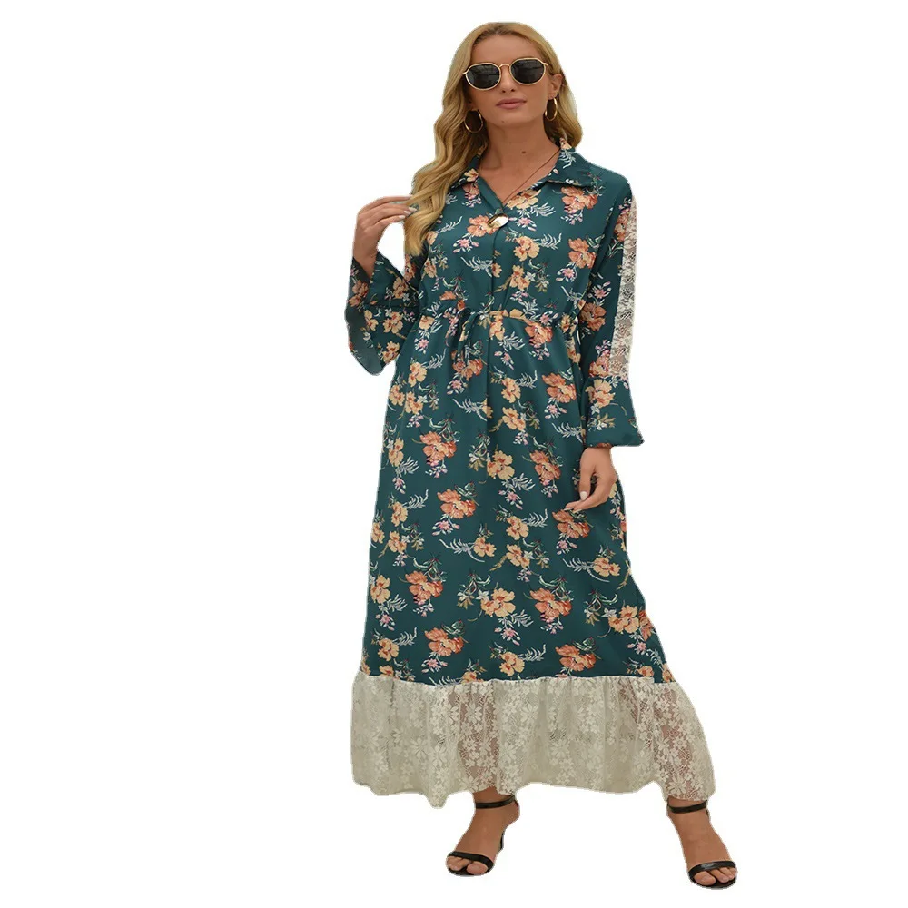 

Euramerican Women's Sweet Fresh Holiday Beach Dresses B Chiffon Broken Flower Puff Sleeve Waist Show Thin Knee Long Vestidos