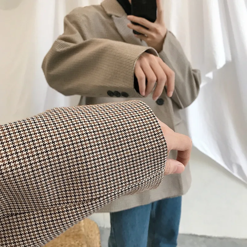 

the simple double-breasted casual suit ins houndstooth British Fitted Cotton Lattice Printing Outerwear S-XL Loose Jackets Coat