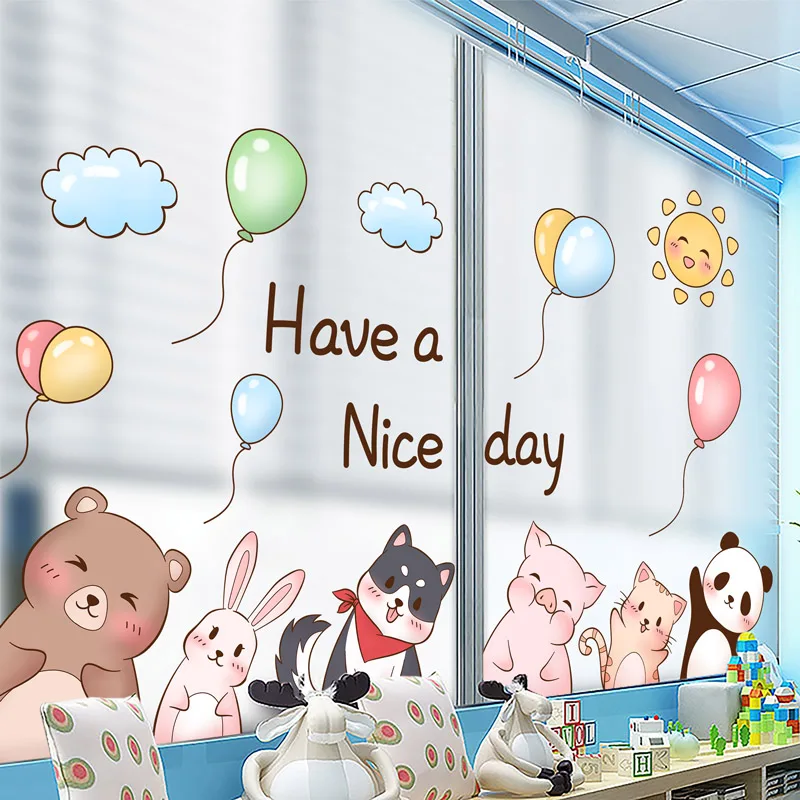 

Cute Cartoon Animals Wall Stickers for Kids Room Bedroom Decor Kindergarten Glass Window Door Decals Mural Eco-Friendly Pvc